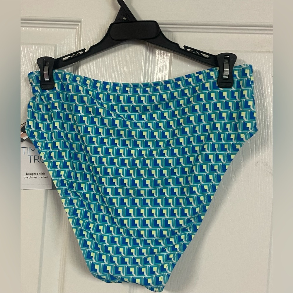NWT Time and Tru High Waist Geo Print Bikini Bottoms Size M Teal Blue Swim - Picture 9 of 11